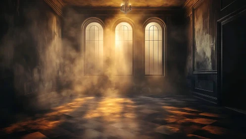 Volumetric sunlight through arched windows in dusty hall.