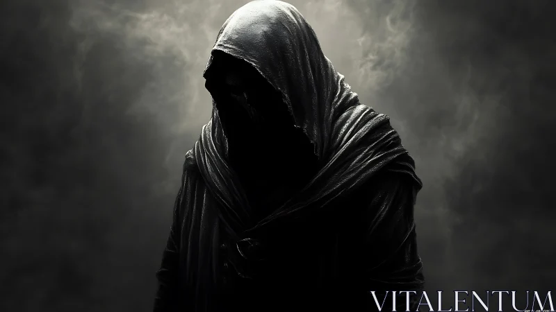Hooded shadowed figure stands shrouded in dense swirling mist