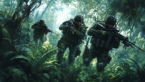 Tactical infantry squad advancing through dense tropical jungle