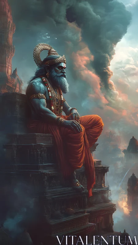 Serene blue deity resting above a misty ancient cityscape.
