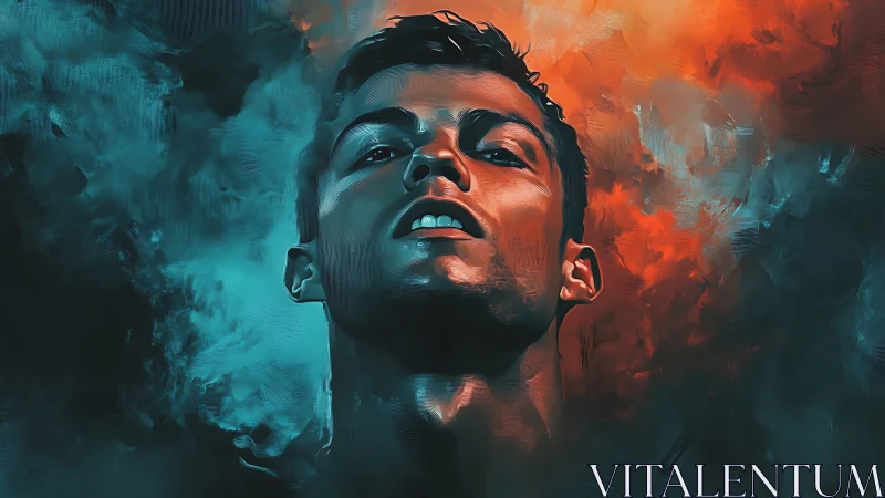 Bold portrait rises between fire and misty blue smoke