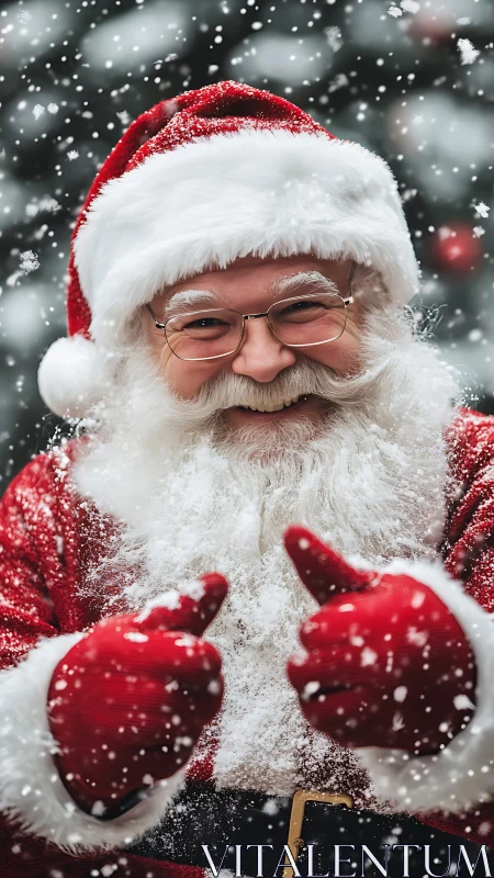 Cheerful Santa in snowfall with glowing festive smile.