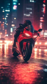 Red sport motorcycle on wet neon city street at night.