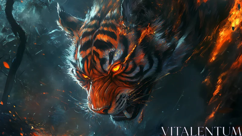 Flaming tiger portrait in dynamic cinematic digital painting.