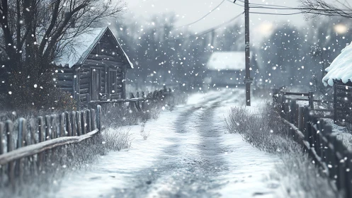 Snowflakes drift softly as the lonely village road remembers