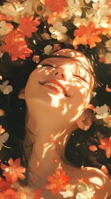 Woman’s face under dappled light amid orange flower petals.