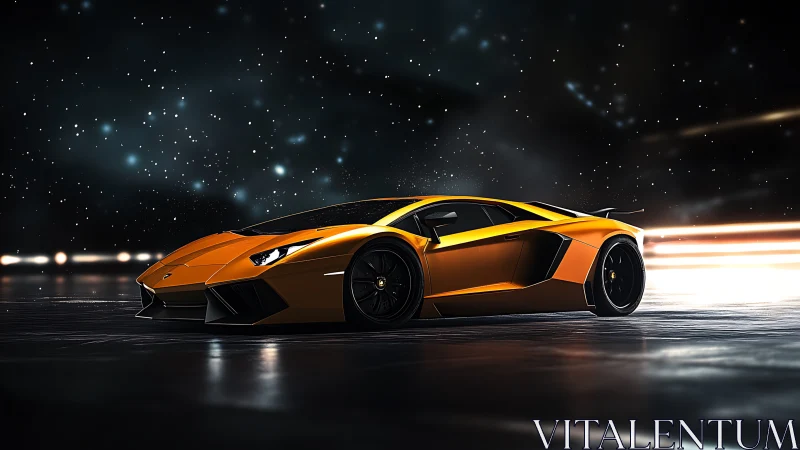 Midnight supercar poised beneath streaking starlight sky.