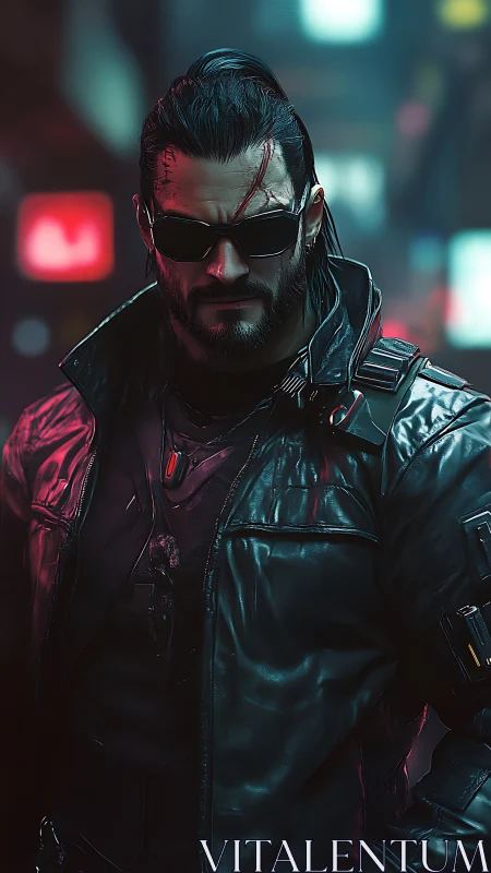 Cyberpunk man in leather jacket stands in neon city alley