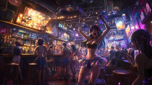 Joyful club dancer lighting up a neon soaked party night.