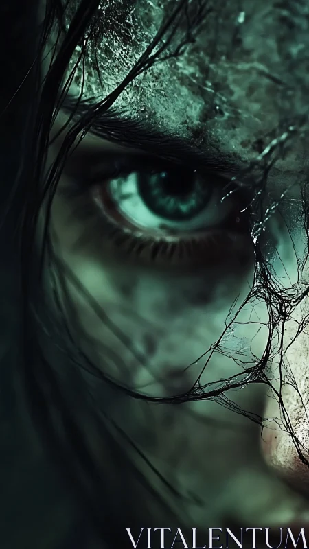 Haunting close up eye peers through decay and shadowed web