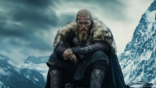 Viking warrior sits on rocky ledge in snowy mountain pass