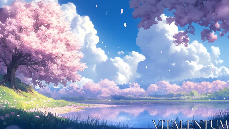 Cherry blossom trees by reflective lake under blue sky.