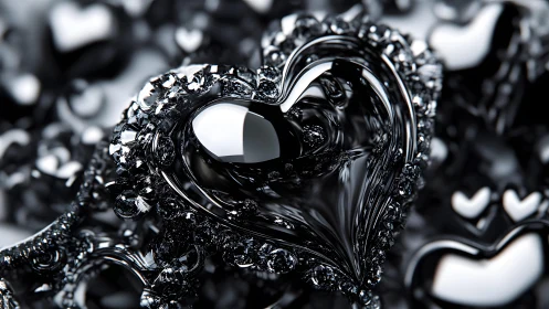 Shiny Black Crystal Heart Surrounded by Gemstones, Abstract Art.