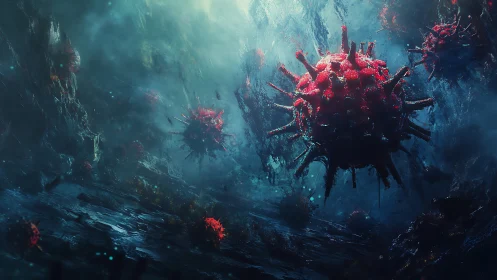Alien viral spheres drifting through submerged abyssal cavern.
