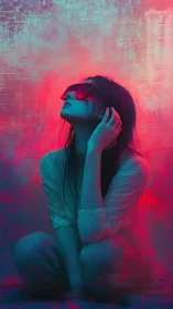 Neon daydreamer pausing in a storm of electric color.