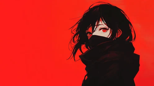 Digital portrait presents masked figure against solid red field