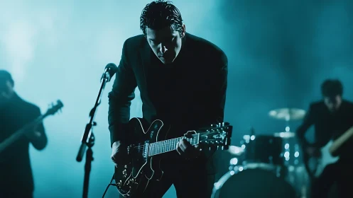 Backlit rock guitarist in cinematic teal stage atmosphere.