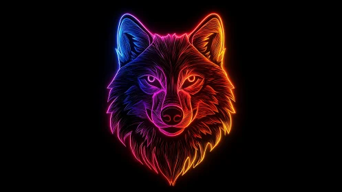 Neon gradient wolf head illustration on black background.