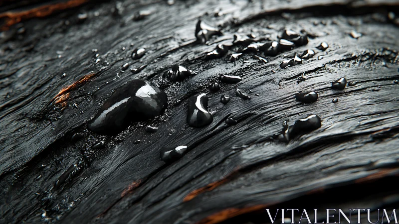 Oil droplets glisten across charred wood grain surface.
