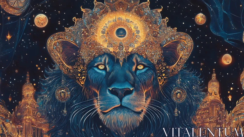 Mythic celestial lion portrait with baroque astral crown.