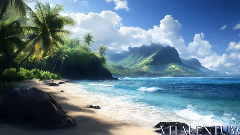 Tropical Coastal Landscape with Mountain and Palm Beach