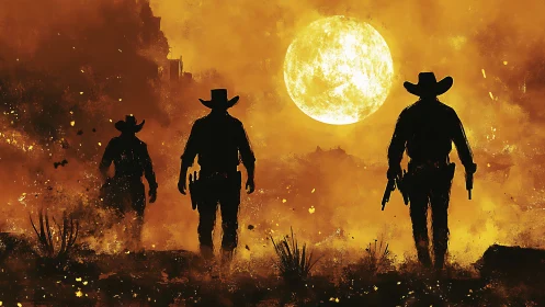 Silhouetted cowboys advance under blazing desert moon.