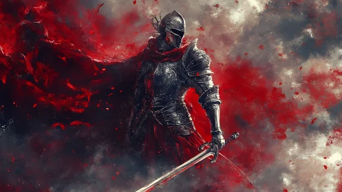 Bloodstorm Knight strides through scarlet-shattered sky.