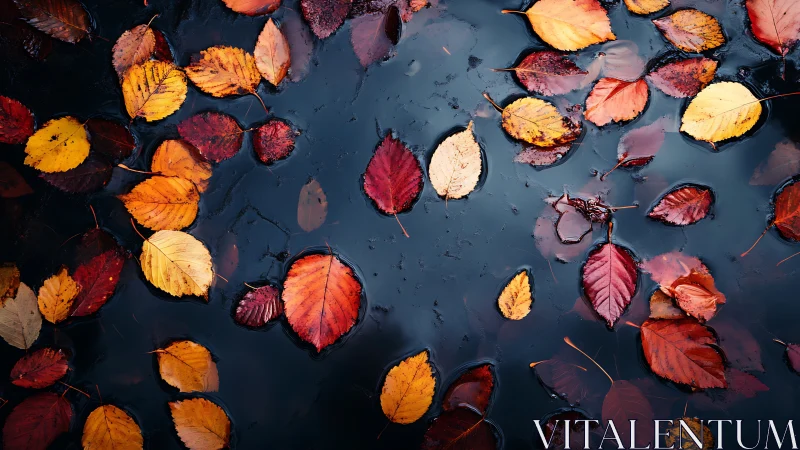 Colorful autumn leaves floating on dark reflective water.
