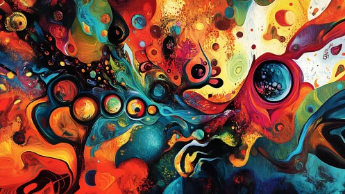 Abstract fluid composition shows layered orbits and dense color fields