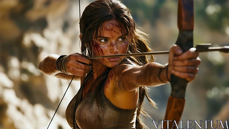 Battle-scarred archer draws bowstring in tense cinematic closeup