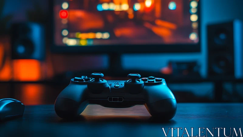 Gaming controller rests in neon glow of immersive setup