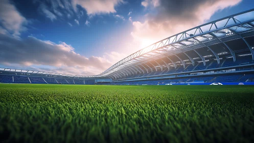 Modern football stadium interior is shown from pitch level