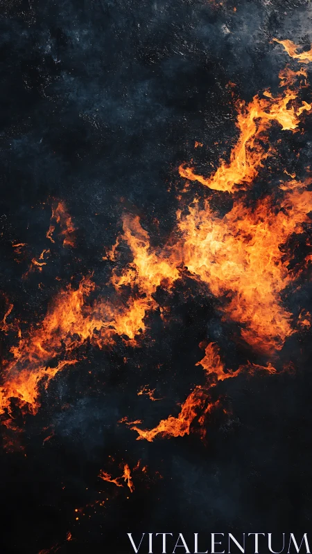 Active fire consuming dark surface material with orange flame distribution.