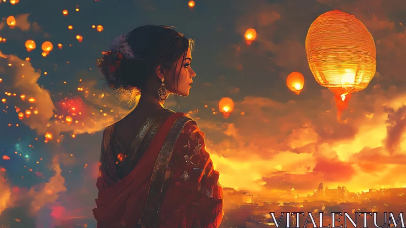 Woman in traditional attire observing floating sky lanterns.