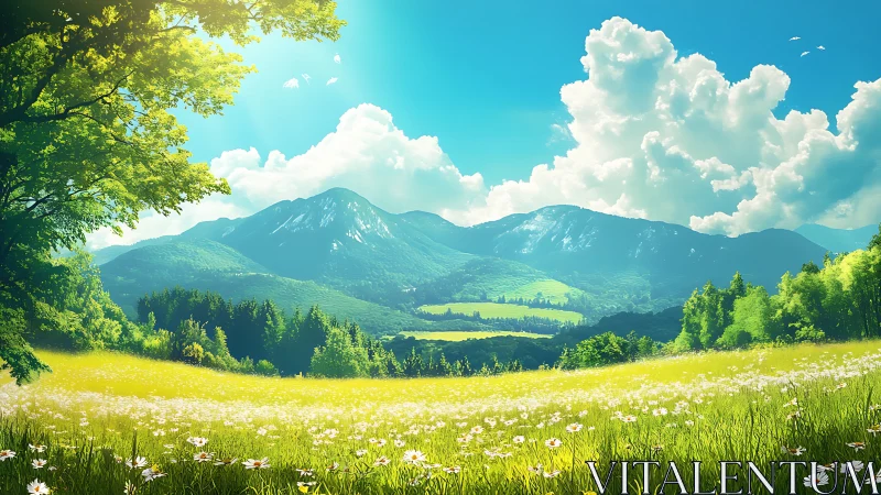 Sunlit alpine meadow with wildflowers, rolling forests, distant peaks