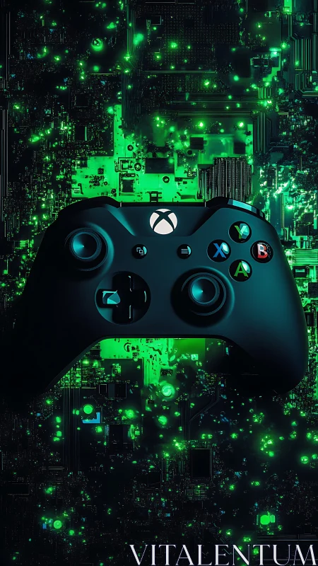 Xbox controller hovers above neon circuitry in cybernetic glow