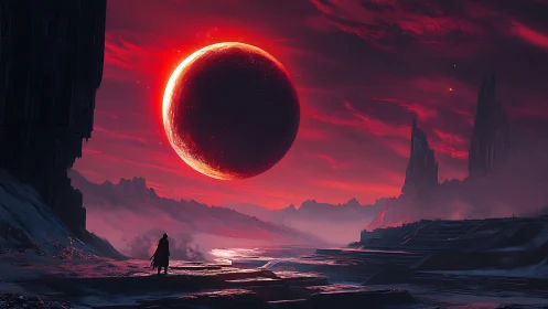 Solitary wanderer gazes at eclipsed blood moon over alien valley