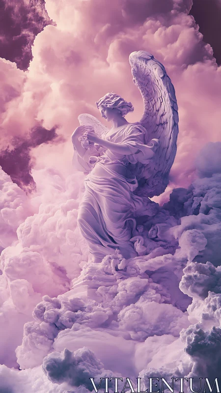 Winged marble figure stands amid dense rose-tinted clouds