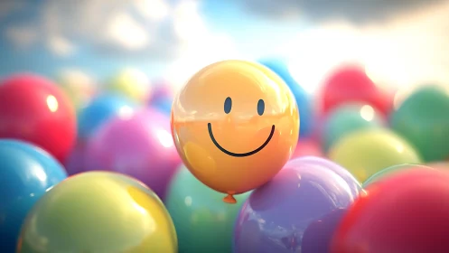 Smiley face balloon floats among colorful glossy balloons