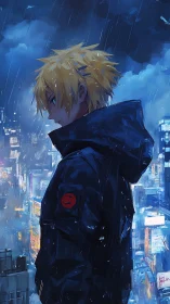 Solitary blonde figure in rain above neon cyberpunk cityscape
