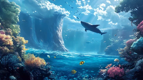 Underwater reef scene with shark and cascading seascape.