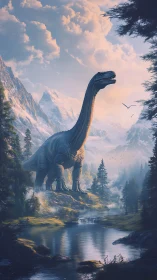 Gentle giant dinosaur wanders through a misty mountain valley