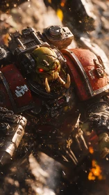 Battle-hardened orc warrior strides through flying sparks.