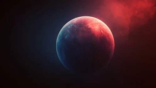 Digital painting of luminous red planet in cosmic shadow.