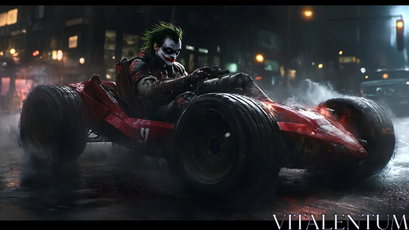 Clown-faced driver powers red kart through wet city street.