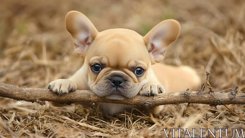 Small fawn dog holds dry branch on straw-covered ground