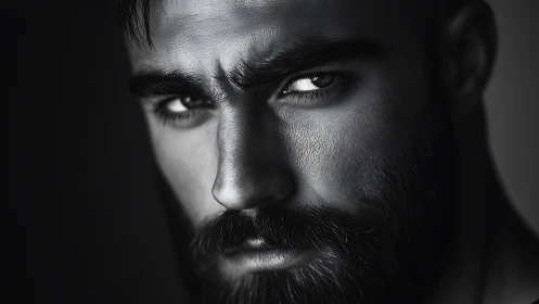 High contrast male portrait with intense directional gaze, monochrome