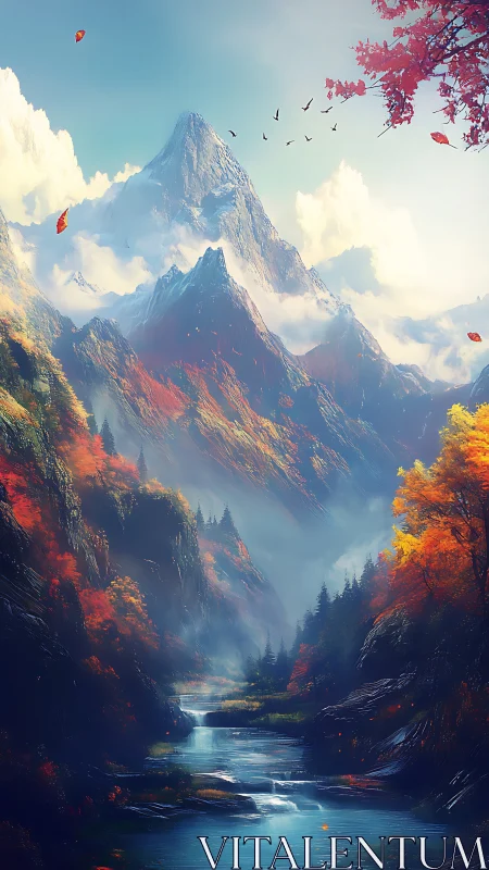 Vertical mountain valley landscape shows river and autumn foliage