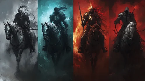 Four armored riders on horses emerge from colored mist