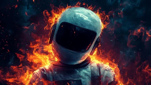 Lone astronaut engulfed in vivid inferno against voided sky.